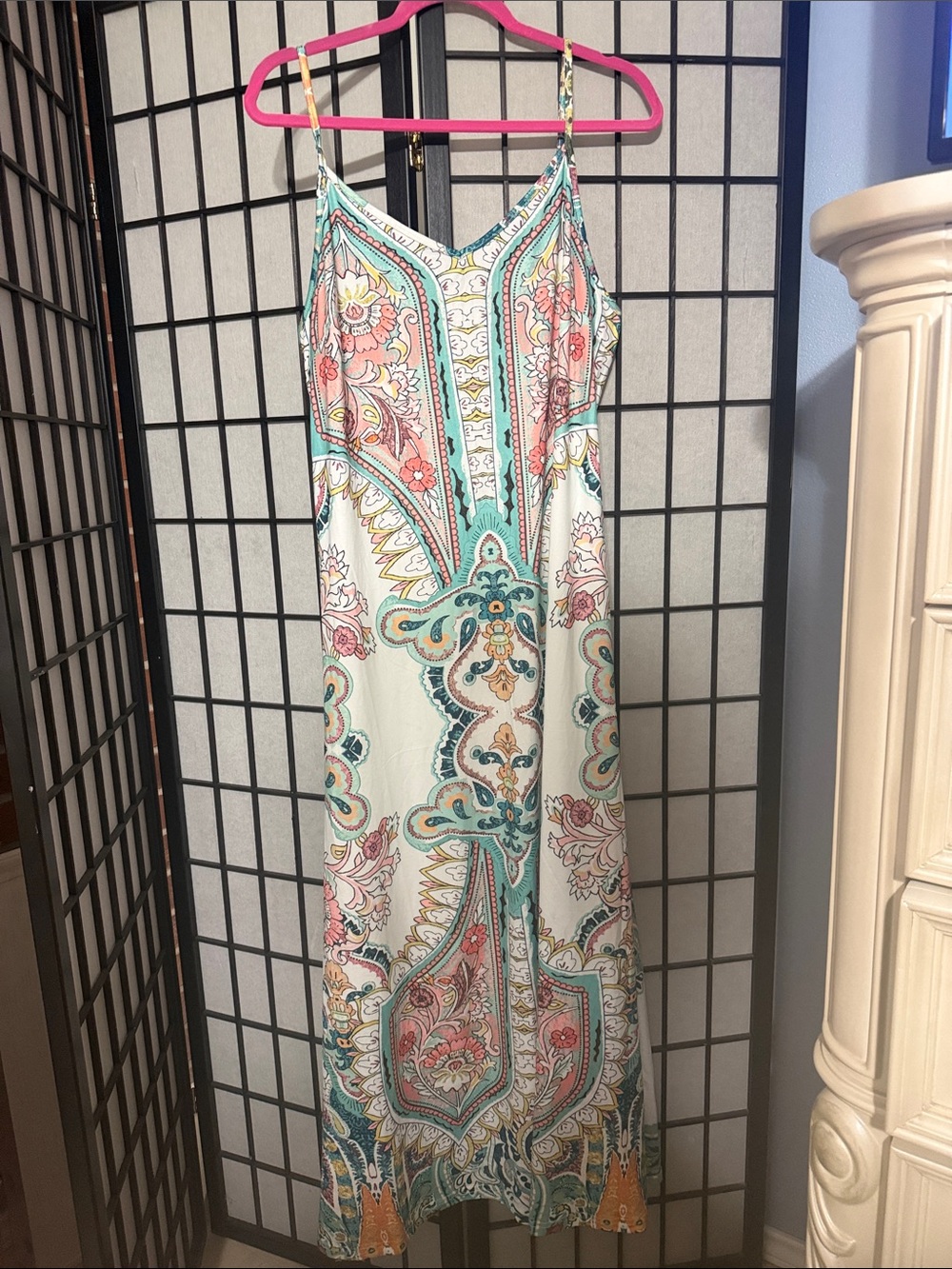 Floral Paisley Strappy Maxi Dress in Teal & Coral